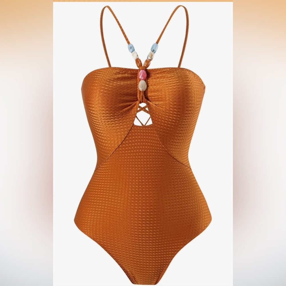 Ibakom Textured Rust Brown One-Piece Swimsuit with Beaded Neck Detail